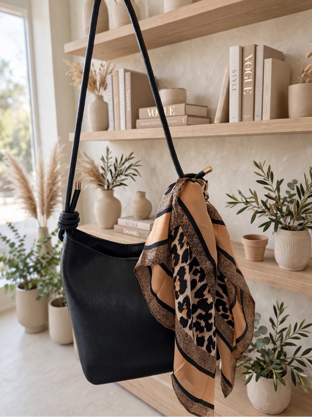Black Leather Hobo Bag with Tan Leopard Scarf